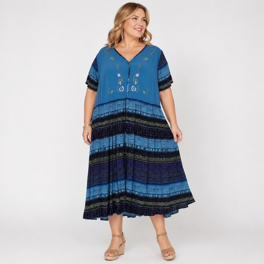 Virgo Embroidered Boho Midi Dress Womens 22 Blue Cottage Modest Flowy Vintage 90